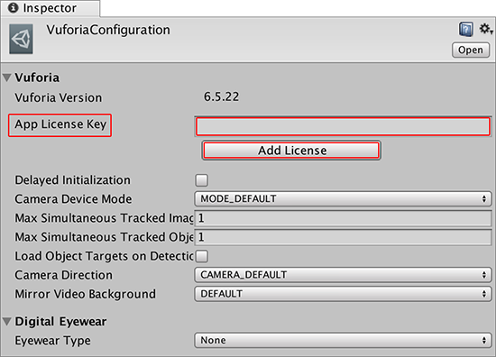 在 Vuforia Configuration 设置中输入 Vuforia 开发密钥