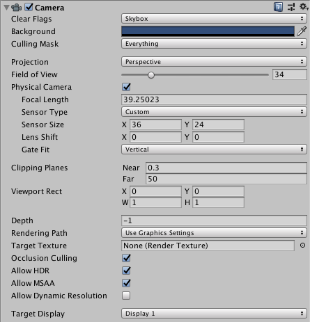 图 1：包含 Target Display 选项的 Camera Inspector