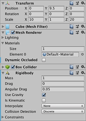 Inspector 窗口显示的预制件实例覆盖了Dynamic Occluded属性，并添加了 Rigidbody 组件作为覆盖。