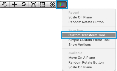 从菜单中选择 Custom Transform Tool 后，该工具的图标将显示在 Scene 视图工具栏中