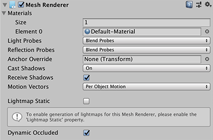 出现在 Inspector 窗口中的 Mesh Renderer 组件，其中已将 Receive Global Illumination 设置为 Light Probes。