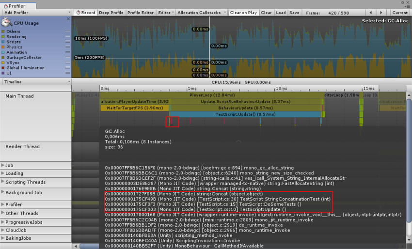 Timeline 视图中的 CPU Usage 模块以及一个 GC.Alloc 调用栈