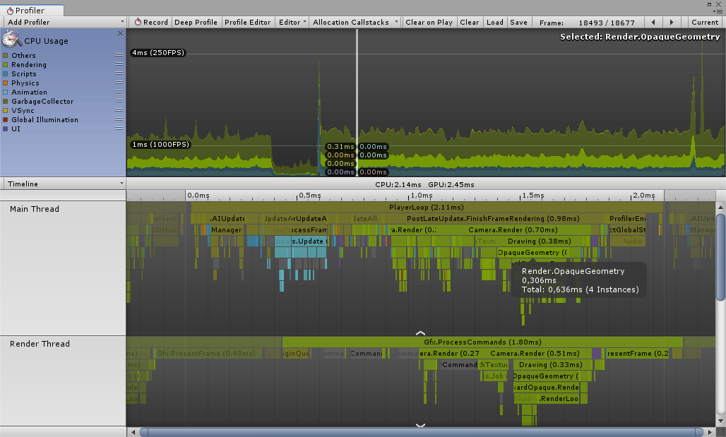 Timeline 视图中的 CPU Usage 模块，并且选择了一项