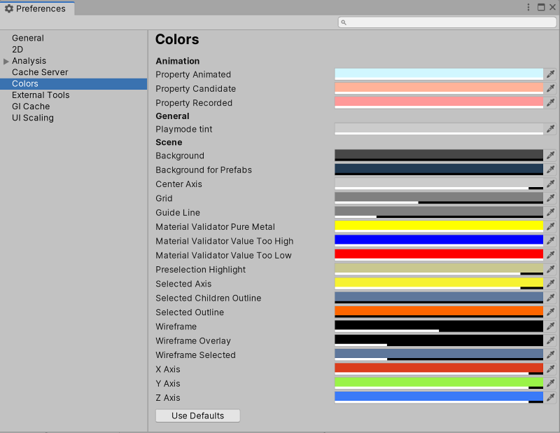 Preferences 窗口中的 Colors 范围