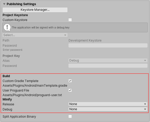 Player Settings 窗口的 Publishing Settings 部分中特定于 Gradle 的设置