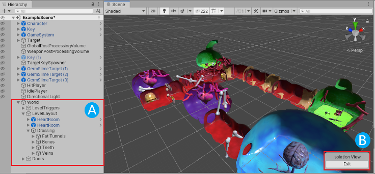 Isolation 视图会覆盖场景可见性设置，因此只有所选对象及其子项 (A) 可见。<br/>单击 Exit 按钮 (B) 会恢复以前的场景可见性设置。