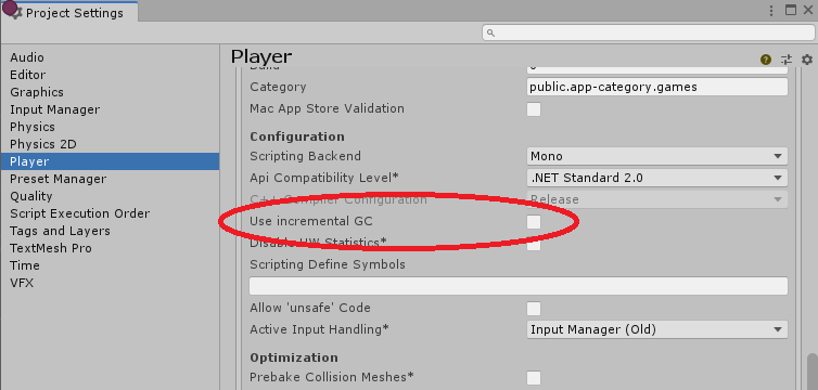 在 Player Settings 中启用增量垃圾收集