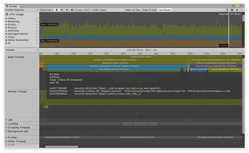 Timeline 视图中的 CPU Usage 模块以及一个 GC.Alloc 调用栈