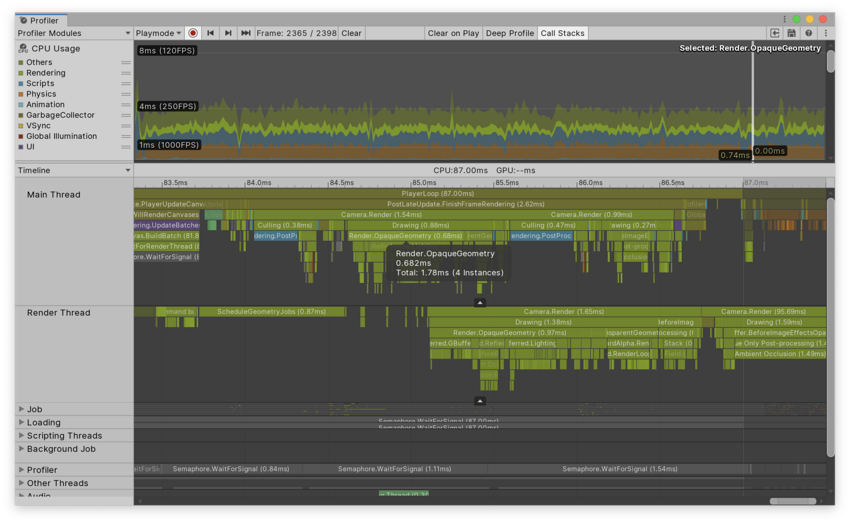 Timeline 视图中的 CPU Usage 模块，并且选择了一项