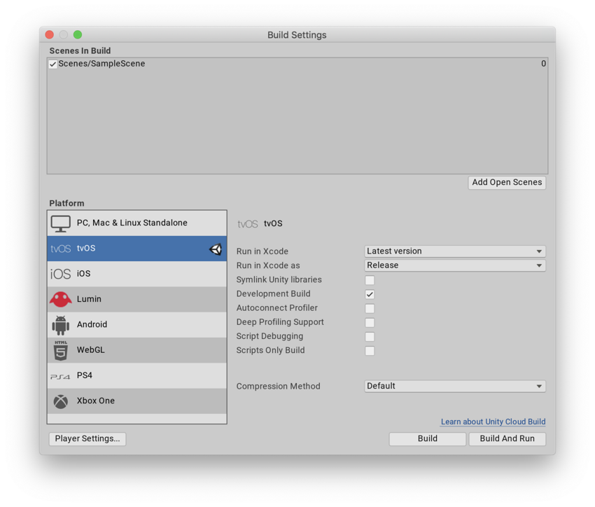 Unity 中的 tvOS 构建设置 (Build Settings)