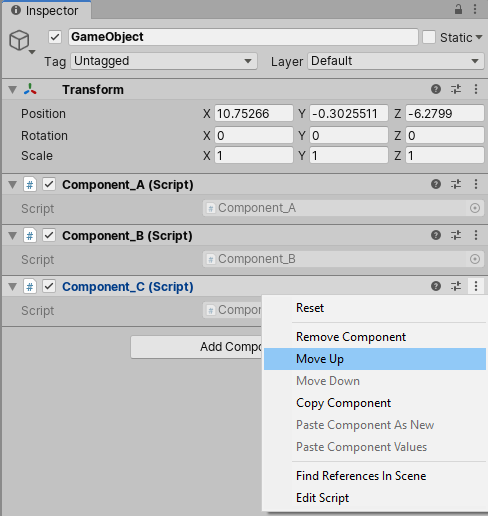 在 Inspector 窗口中的游戏对象上使用上下文菜单对组件执行 Move Up 操作