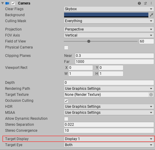 包含 Target Display 选项的 Camera Inspector