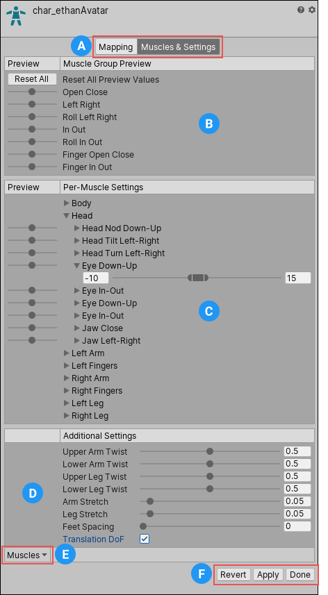 Avatar 窗口中的 Muscles &amp; Settings 选项卡