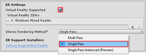 从 Player 的 XR Settings 面板中选择单通道 (Single Pass) 渲染