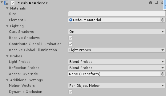 出现在 Inspector 窗口中的 Mesh Renderer 组件，其中已将 Receive Global Illumination 设置为 Light Probes。