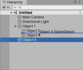 在此图中，Object 4（选定对象）被拖动到 Object 2 与 Object 3 之间（以蓝色水平线指示），从而作为这两个游戏对象的同级而放置在父游戏对象 Object 1（以蓝色胶囊形状突出显示）之下。