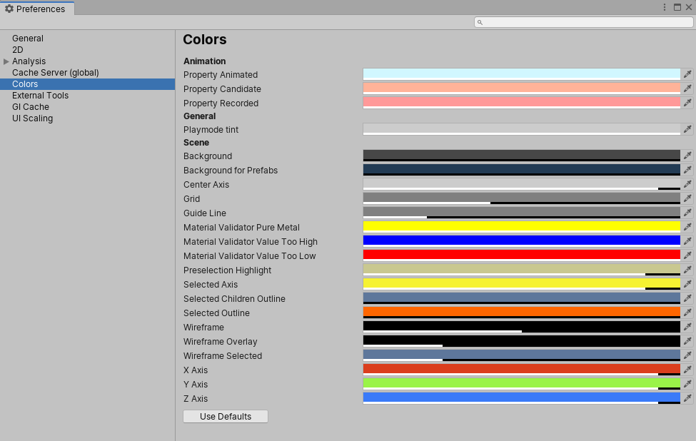 Preferences 窗口中的 Colors 范围