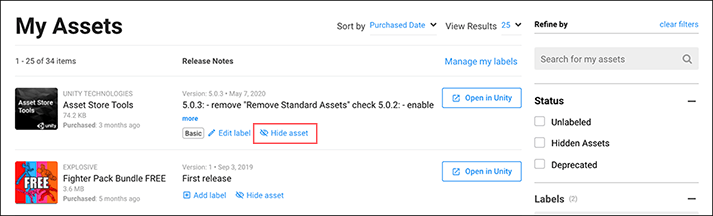 Asset Store 上的 My Assets 列表中的 Hide asset 链接和 Hidden Assets 状态复选框