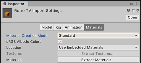 Materials 选项卡定义了 Unity 导入材质和纹理的方式