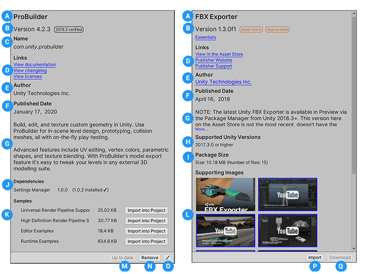 Unity 包（左侧）和 Asset Store 资源包（右侧）的包详细信息