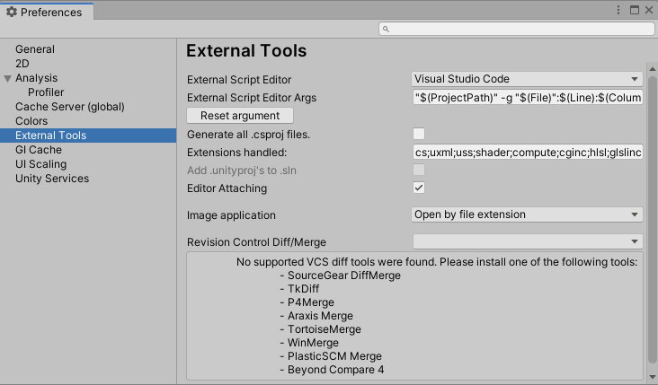 Preferences 窗口中的 External Tools 范围