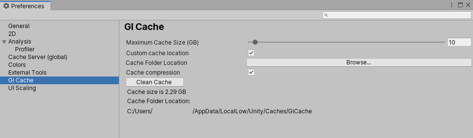 Preferences 窗口中的 GI Cache 范围