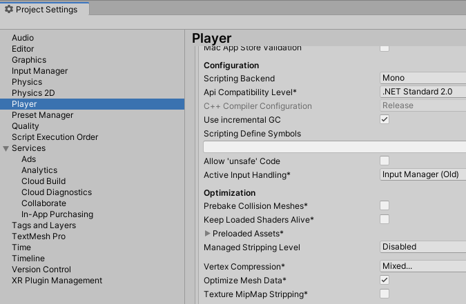 在 Player Settings 中禁用增量式垃圾收集