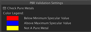 处于 Validate Metal Specular 模式时的 PBR 验证设置 (PBR Validation Settings)