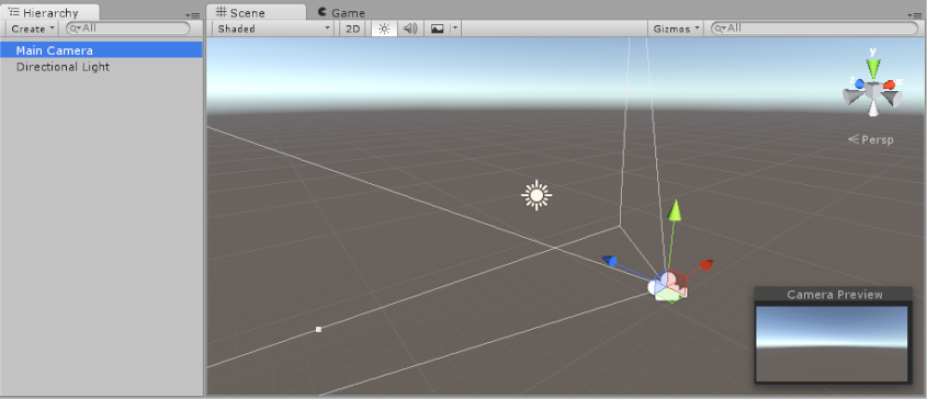 默认 Unity 示例场景，包含一个主摄像机和一个方向光