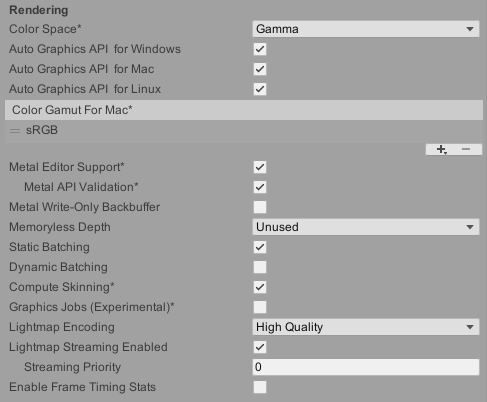 Rendering Player settings for Desktop platforms