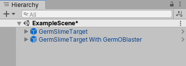 Hierarchy 窗口中显示的一个基本 GermSlimeTarget 预制件，以及该预制件一个名为GermSlimeTarget With GermOBlaster的变体。