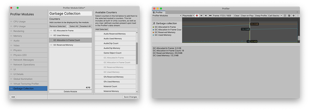 带有自定义模块的 Profiler Module Editor（左）。右侧是 Profiler 窗口中的自定义模块。