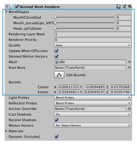 Unity 会在导入时自动将带蒙皮的网格渲染器 (Skinned Mesh Renderer) 组件添加到需要它的网格。