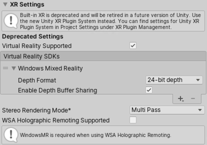 独立平台播放器的 XR Settings