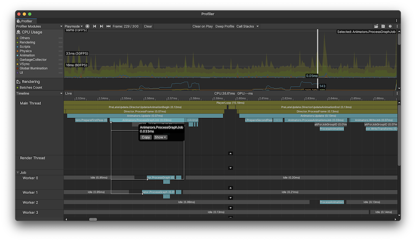 The Timeline CPU Profiler view with Flow Events enabled and a sample selected.