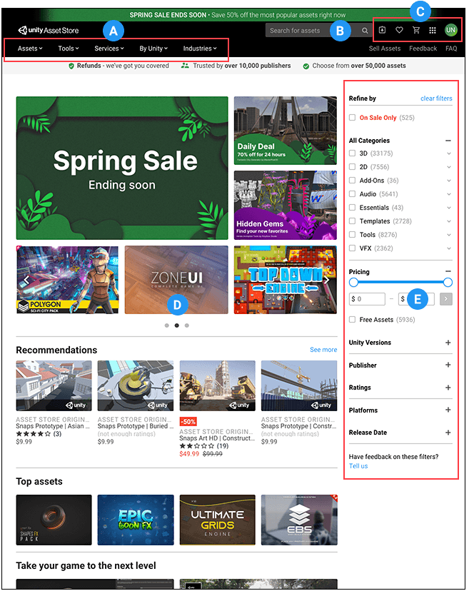 在 Asset Store 的网站上，可以找到要购买的 Asset Store 资源包，并查看已拥有的资源列表