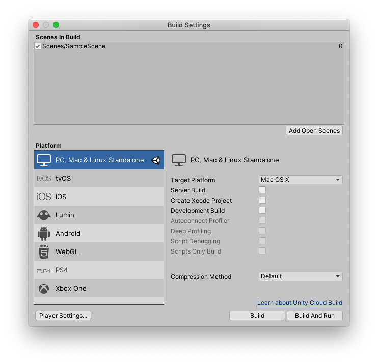 Unity 中的 tvOS 构建设置 (Build Settings)