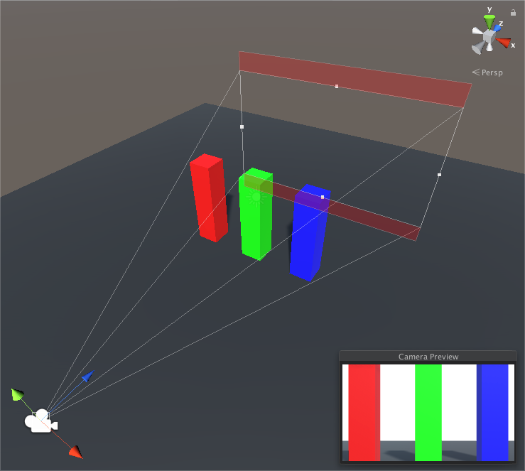 Gate Fit 设置为 Horizontal：分辨率门宽高比为 16:9。胶片门宽高比为 1.37:1 (16mm)。红色区域表示 Unity 在 Game 视图中裁剪图像的位置。