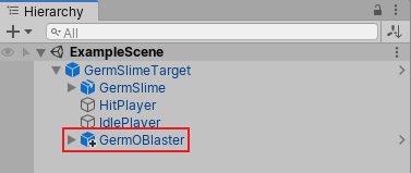 Hierarchy 窗口显示的预制件实例添加了一个名为GermOBlaster的子游戏对象作为覆盖。