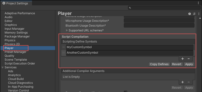 The Scripting Define Symbols settings in the Project Settings window. This example shows two custom symbols defined in the list.