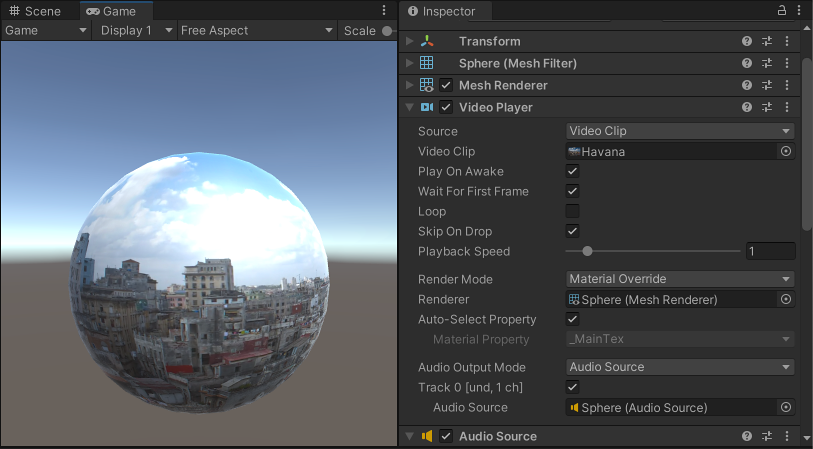 A Video Player component (shown in the Inspector window with a Video Clip assigned, right) attached to a spherical GameObject (shown in the Game view, left).