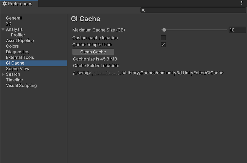 Preferences 窗口中的 GI Cache 范围