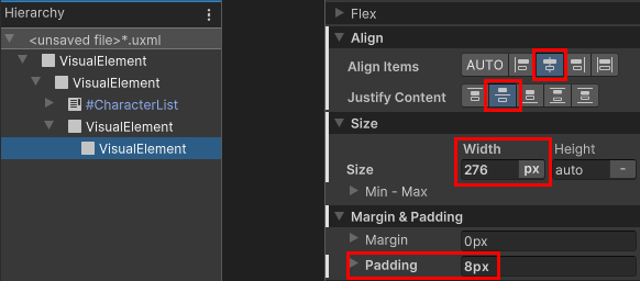 Properties of the charcter details container