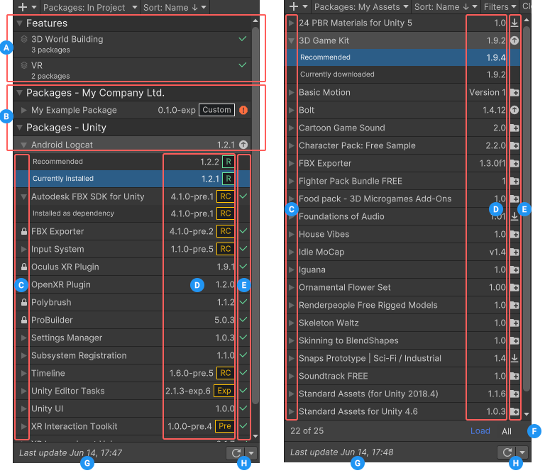 The image on the left displays all features sets and packages installed in your project, and the image on the right displays all Asset Store packages