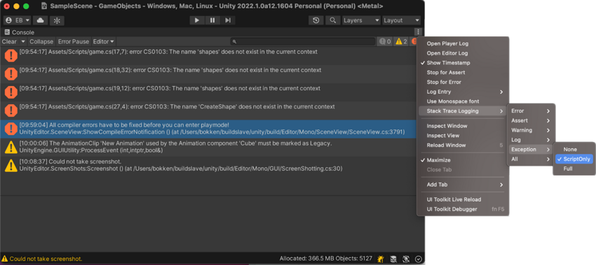 Stack trace logging options from the Console. This example shows the options for Exception.