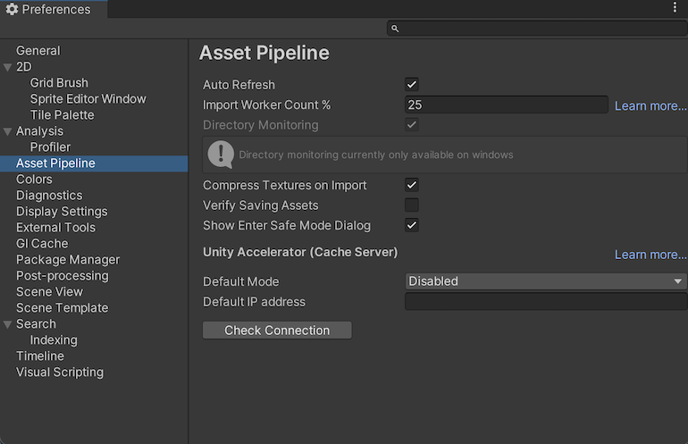 Asset Pipeline scope on the Preferences window