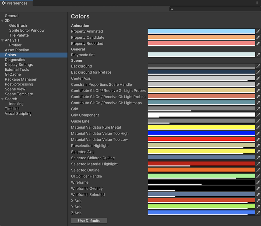 Preferences 窗口中的 Colors 范围