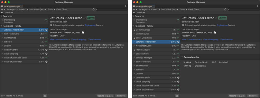 The same project with Show Dependencies disabled (left) and Show Dependencies enabled (right)