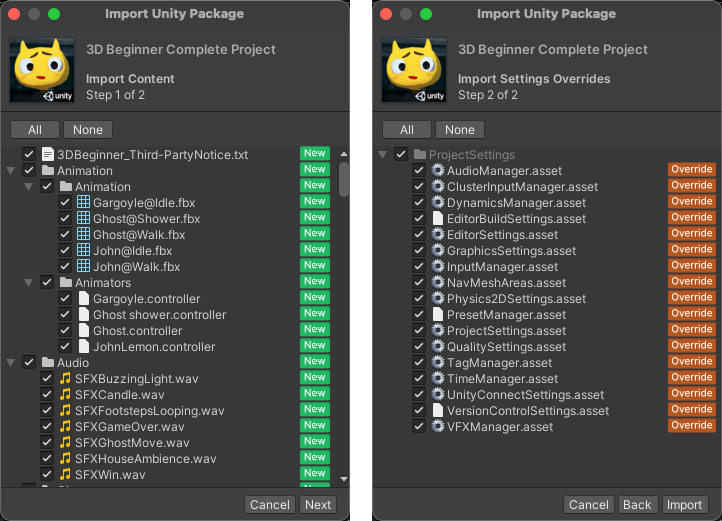 Importing asset content (left) and project settings (right) from a complete package