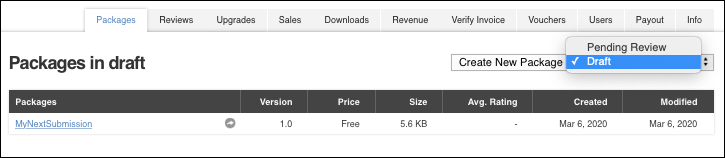 Package Status 下拉菜单位于 Create New Package 按钮右侧